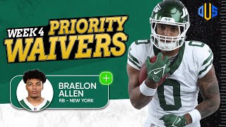 Week 4 Priority Waiver Wire Addition Braelon Allen [upl. by Ehtyaf]