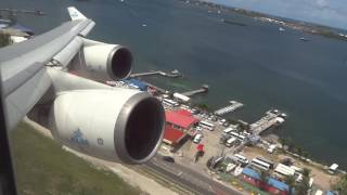 KLM Boeing 747400 quotRocketquot Takeoff St Maarten Princess Juliana Airport [upl. by Ardnekal]