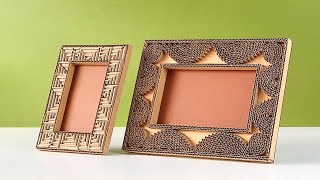 How to create beautiful photo frame only using cardboard  easy homemade DIY [upl. by Ellehsal196]