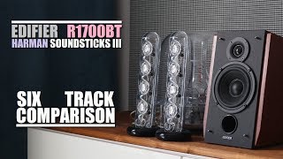 Harman Kardon SoundSticks III vs Edifier R1700BT  6Track Comparison [upl. by Aivalf]