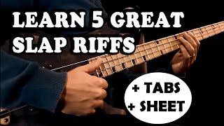 SLAP BASS  5 Easy Riffs Beginner amp Intermediate BASS LESSON with Tabs  Sheet [upl. by Georgette]