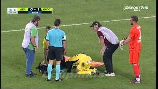 Greek stretcher bearers drop injured player while taking him off pitch [upl. by Grimbal]