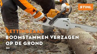 Boomstammen verzagen op de grond  STIHL Kettingzagen [upl. by Inimod]