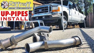 2001 F350 73  RiffRaff UpPipes Install  Stock up pipes leaking and falling apart JUNK SP [upl. by Rebma432]